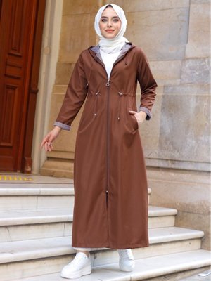 Bileği Ve İçi Çizgili Kapüşonlu Tam Boy Uzun Trençkot