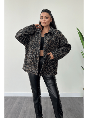 Kahverengi Leopar Desenli Kaşe Kumaş Kaban