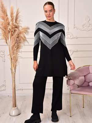 Kadın Uzun Bisiklet Yaka Kendinden Simli Desenli Tunik Triko Kazak