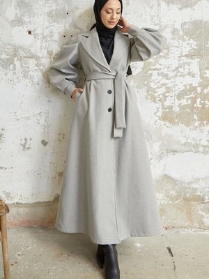 Diana Balon Kol Kuşaklı Kaşe Kaban Gri