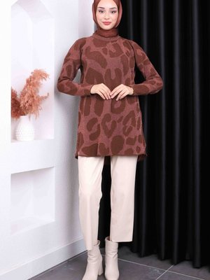 Kahverengi Desenli Simli Triko Tunik Kahverengi Desenli Simli Triko Tunik