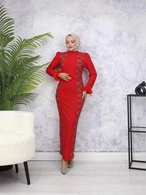 Kırmızı Ebru Abiye Elbise Kırmızı Ebru Abiye Elbise