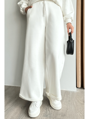 Şardonlu Bol Paça Ekru Eşofman Altı