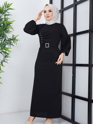 Siyah İnci Krep Elbise