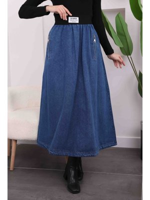 Koyu Mavi Cepli Bel Lastikli Kloş Kot Etek