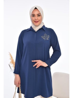 İndigo Büyük Beden Yaprak Baskılı Gömlek Tunik