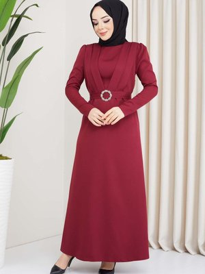 Bordo Kelebek Krep Elbise