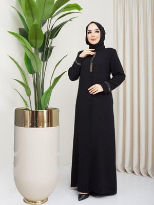 Giyim Kışlık | Nakışlı Taşlı Nisa Ferace Kalın Maya Kumaş