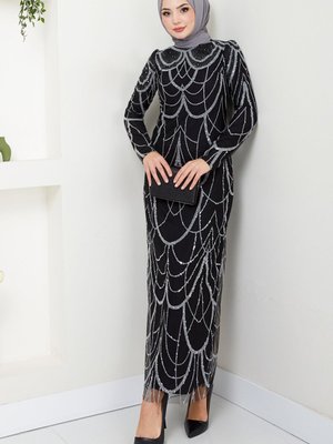 Sim Detaylı Şık Abiye Elbise M Siyah Sim Detaylı Şık Abiye Elbise M Siyah