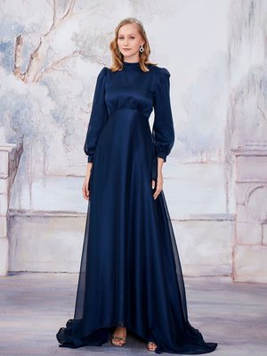 Lacivert Şifon Kuyruklu Abiye Elbise