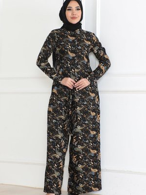 Siyah Desenli Tulum Elbise