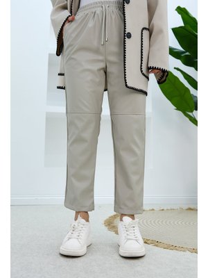 Dizi Dikiş Detaylı Deri Pantolon Taş