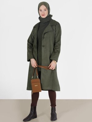 Haki Düğme Detaylı Klasik Yaka Süet Trençkot Haki Düğme Detaylı Klasik Yaka Süet Trençkot