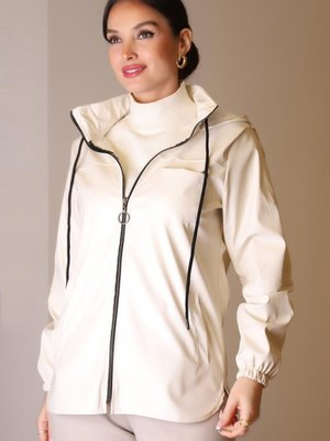 Bej Kapüşonlu Fermuarlı Trençkot