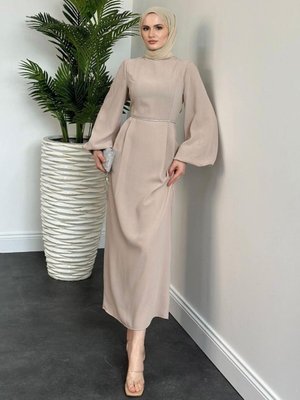 Karen Balon Kol Beli Taşlı Abiye Elbise Krem