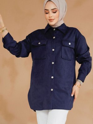 Düğmeli Lacivert Süet Gömlek