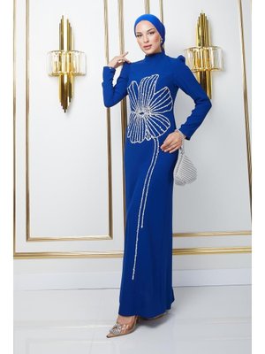 Önü Taş Ve Puldan Motif Desenli Krep Abiye Elbise Saks Önü Taş Ve Puldan Motif Desenli Krep Abiye Elbise Saks