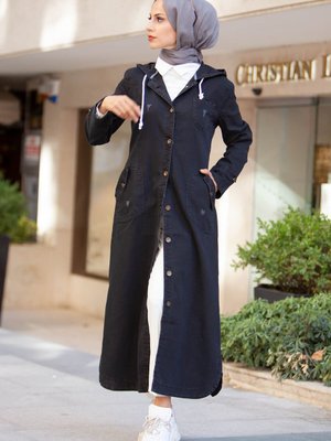 Kapüşonlu Düğmeli Spor Kot Kap Siyah