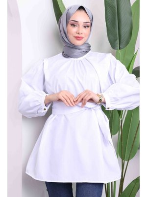 Beyaz Omuz Detaylı Kuşaklı Tunik