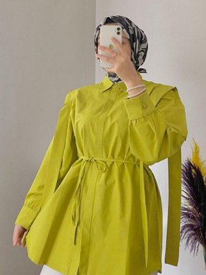 Pile Detaylı Önü Gizli Düğmeli Bel Bağlamalı Gömlek