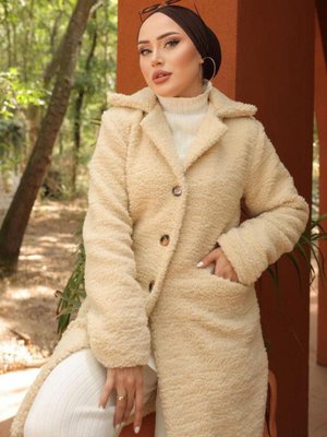 Kruvaze Yaka Peluş Mont Krem Kruvaze Yaka Peluş Mont Krem