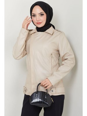 Bej Fermuarlı Kısa Suni Deri Mont Bej Fermuarlı Kısa Suni Deri Mont