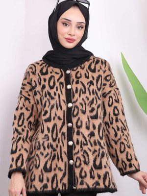 Vizon Leopar Desenli Düğmeli Hırka