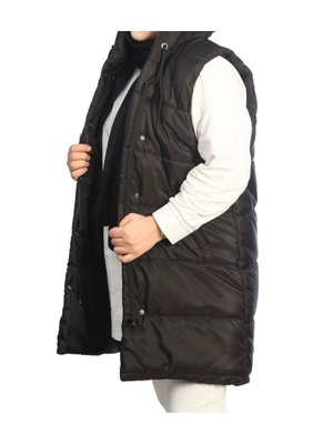 Kapüşonlu Uzun Kapitone Şişme Yelek Bej Füme Siyah