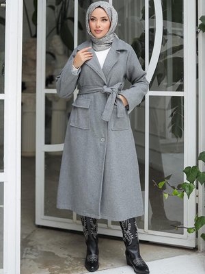 Gri Kapak Detaylı Kaşe Kaban