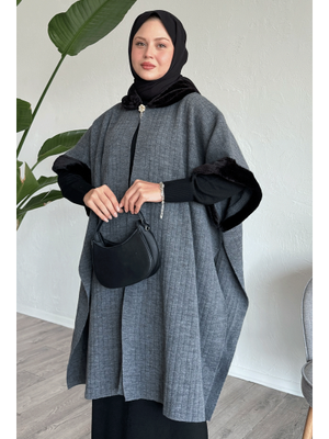 Kürk Ve Broş Detaylı Antrasit Panço Kürk Ve Broş Detaylı Antrasit Panço