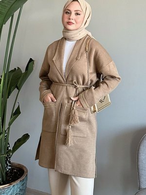 Örgü Ve Sim Detaylı Camel Triko Ceket Örgü Ve Sim Detaylı Camel Triko Ceket