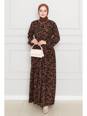 Kahverengi Beli Kuşaklı Çapraz Fırfırlı Lale Elbise Kahverengi Beli Kuşaklı Çapraz Fırfırlı Lale Elbise