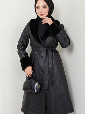 Kürk Detaylı Suni Deri Trençkot Siyah Kürk Detaylı Suni Deri Trençkot Siyah