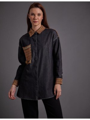 Tüvit Ve Denim Garnili Tunik Siyah Tüvit Ve Denim Garnili Tunik Siyah