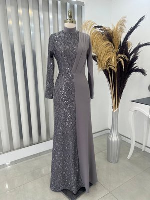 Pul Payetli Açelya Abiye Elbise Gri Pul Payetli Açelya Abiye Elbise Gri