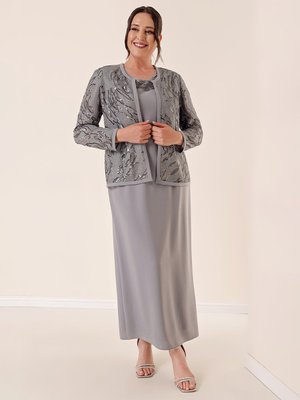 Gümüş Rengi By Saygı Boncuk Detaylı Ceket Elbise Büyük Beden Abiye Takım