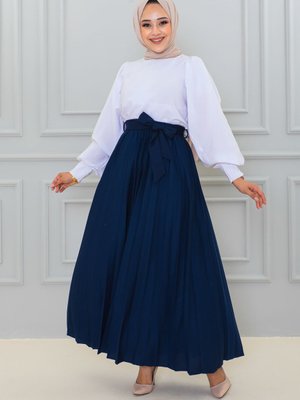 Kuşaklı Pileli Uzun Etek Lacivert Kuşaklı Pileli Uzun Etek Lacivert