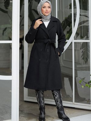 Siyah Apolet Detaylı Kaşe Kaban