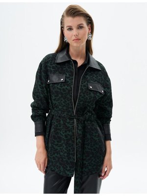 Leopar Desenli Kuşaklı Ceket Yeşil