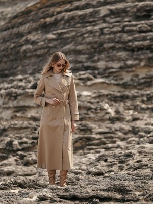 Kruvaze Yaka Ara Boy Trençkot Kamel, Apoletli Kemerli Trenç Kruvaze Yaka Ara Boy Trençkot Kamel, Apoletli Kemerli Trenç