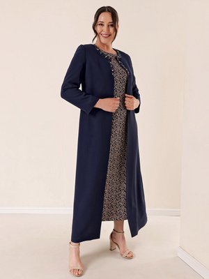 Lacivert By Saygı İthal Krep İçi Kol Elbiseli Astarlı Uzun Kaftan Büyük Beden Abiye Takım
