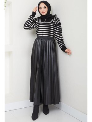 Siyah Beli Lastikli Piliseli Deri Etek