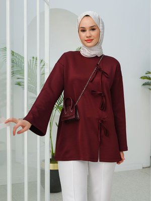 Önü Kurdele Detaylı Scuba Tunik Bordo Önü Kurdele Detaylı Scuba Tunik Bordo