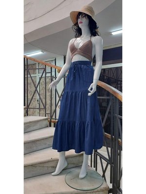 Mavi Enzim Kumaş Volanlı Uzun Kot Etek