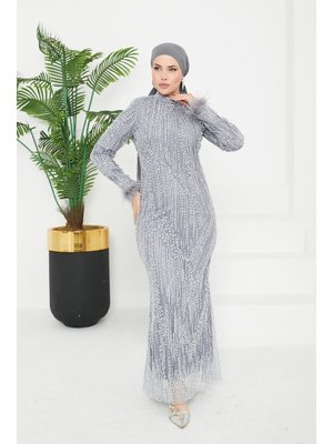 Verda Taşlı Abiye Elbise Gümüş