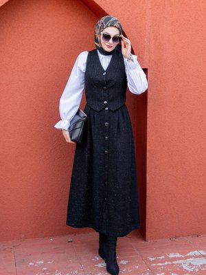 Kety Ekoseli Tüvit Yelek Etek Takım Siyah