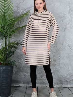 İplik Kapşonlu Çizgili Uzun Tunik