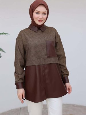 Armine Trend Gömlek Yaka Deri Detaylı Tunik