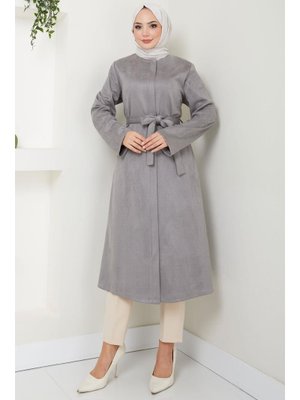 Gri Fermuarlı Kuşaklı Süet Kap