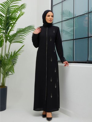 Damla Motifli Taşlı Yazlık Ferace Siyah Renk Damla Motifli Taşlı Yazlık Ferace Siyah Renk